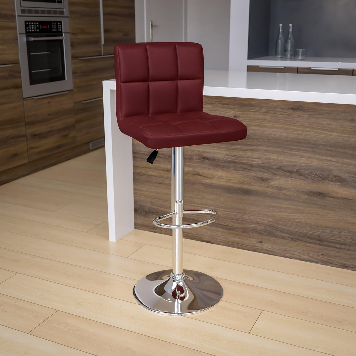 Burgundy |#| Contemporary Burgundy Quilted Vinyl Adjustable Height Barstool with Chrome Base