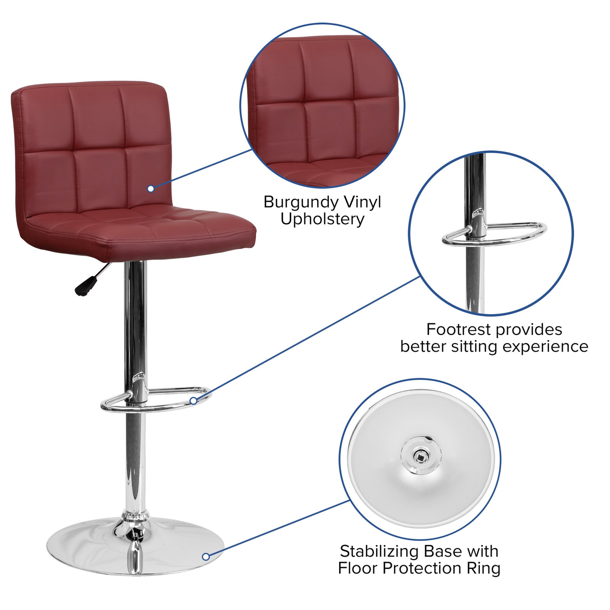 Burgundy |#| Contemporary Burgundy Quilted Vinyl Adjustable Height Barstool with Chrome Base