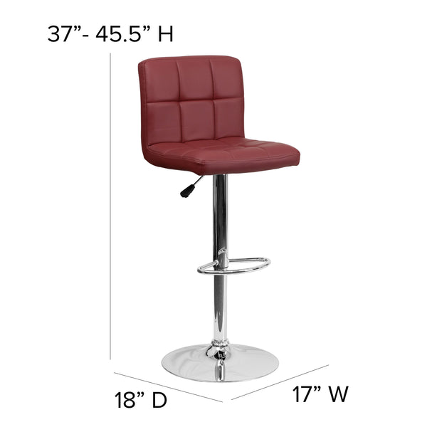 Burgundy |#| Contemporary Burgundy Quilted Vinyl Adjustable Height Barstool with Chrome Base