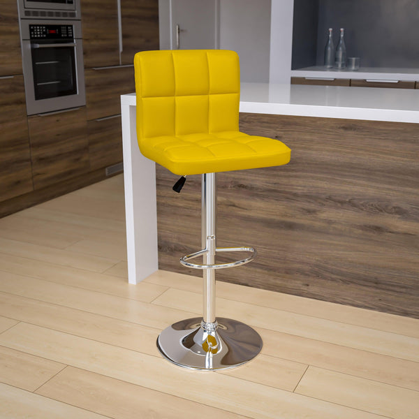 Yellow |#| Contemporary Yellow Quilted Vinyl Adjustable Height Barstool with Chrome Base