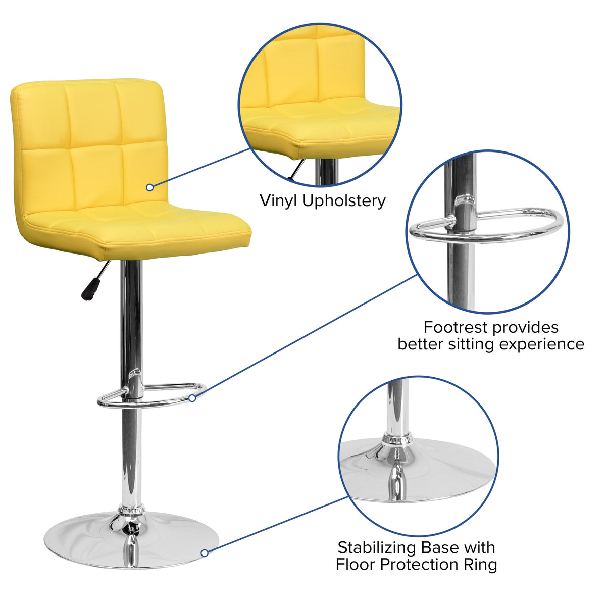 Yellow |#| Contemporary Yellow Quilted Vinyl Adjustable Height Barstool with Chrome Base