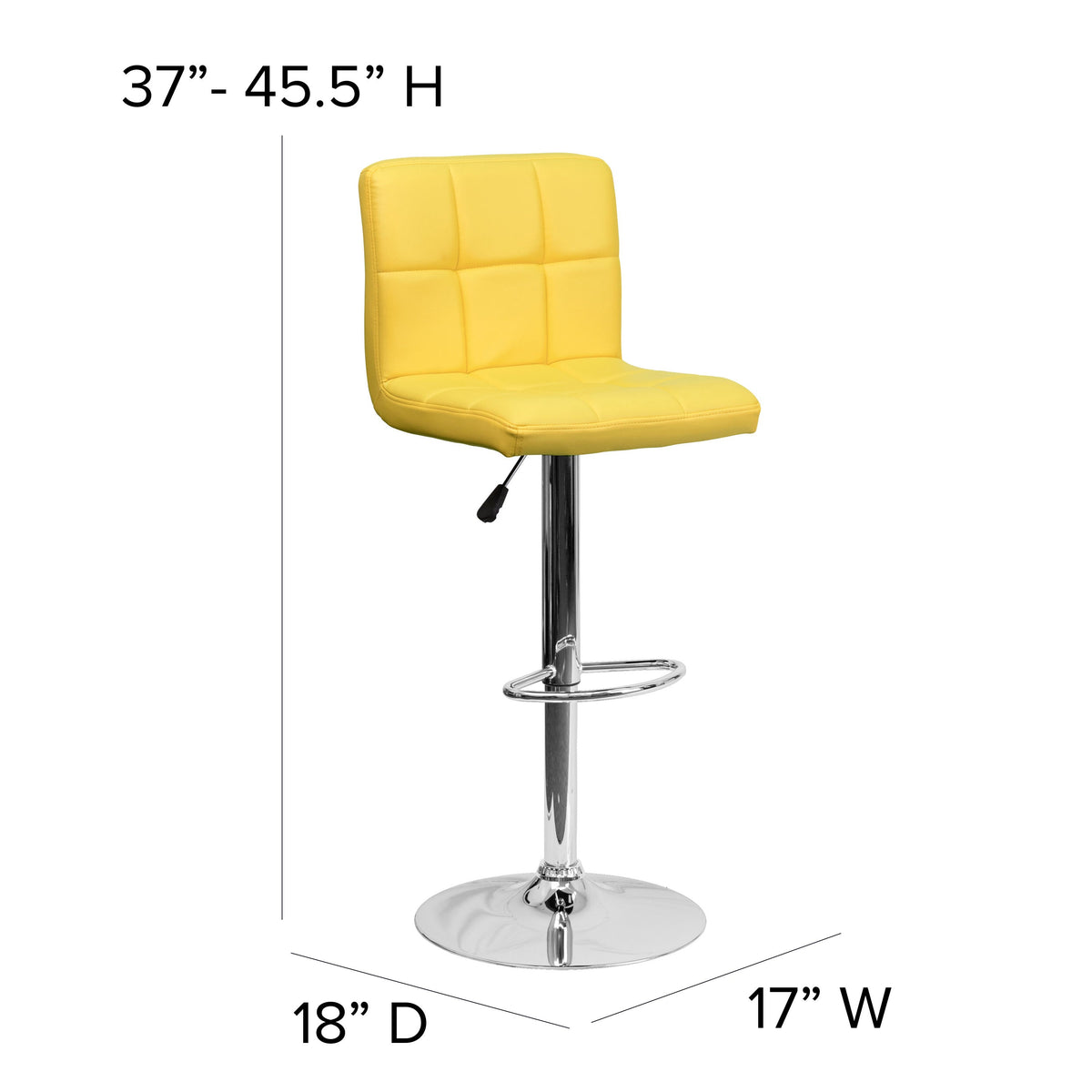 Yellow |#| Contemporary Yellow Quilted Vinyl Adjustable Height Barstool with Chrome Base