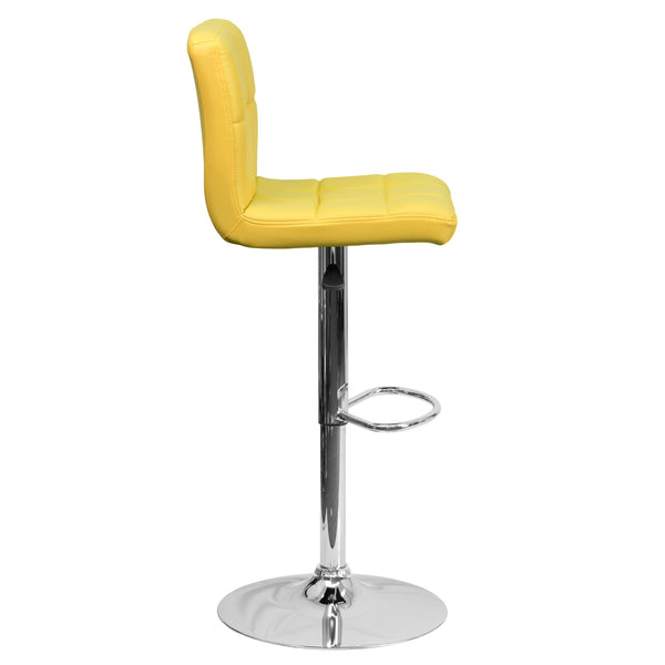 Yellow |#| Contemporary Yellow Quilted Vinyl Adjustable Height Barstool with Chrome Base