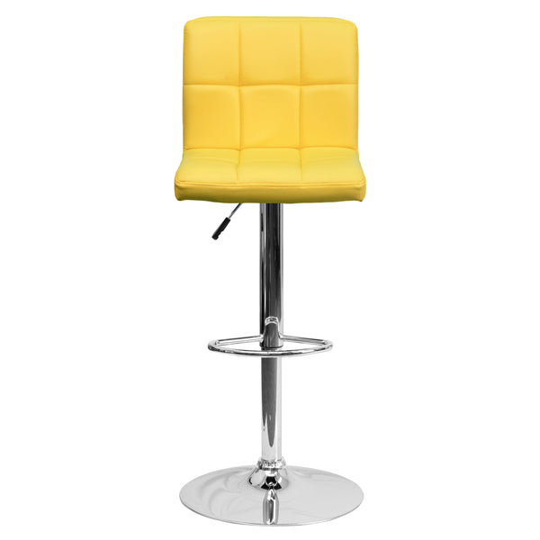 Yellow |#| Contemporary Yellow Quilted Vinyl Adjustable Height Barstool with Chrome Base