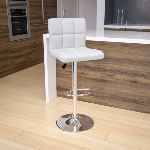 White |#| Contemporary White Quilted Vinyl Adjustable Height Barstool with Chrome Base