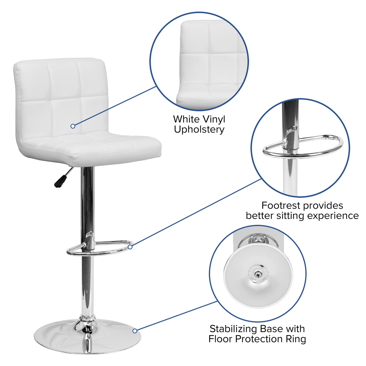 White |#| Contemporary White Quilted Vinyl Adjustable Height Barstool with Chrome Base