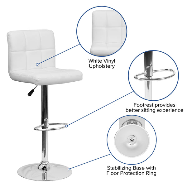 White |#| Contemporary White Quilted Vinyl Adjustable Height Barstool with Chrome Base