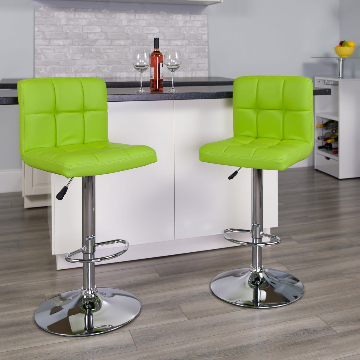 Green |#| Contemporary Green Quilted Vinyl Adjustable Height Barstool with Chrome Base