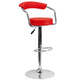 Red |#| Contemporary Red Vinyl Adjustable Height Barstool with Arms and Chrome Base