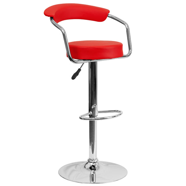 Red |#| Contemporary Red Vinyl Adjustable Height Barstool with Arms and Chrome Base