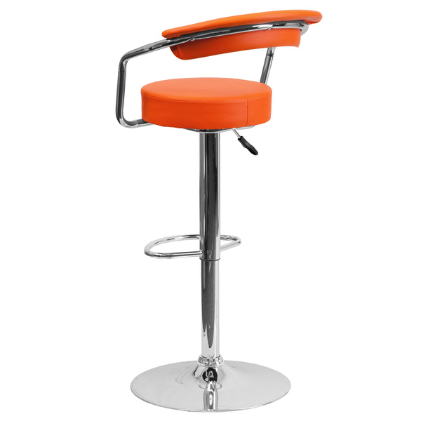 Orange |#| Contemporary Orange Vinyl Adjustable Height Barstool with Arms and Chrome Base