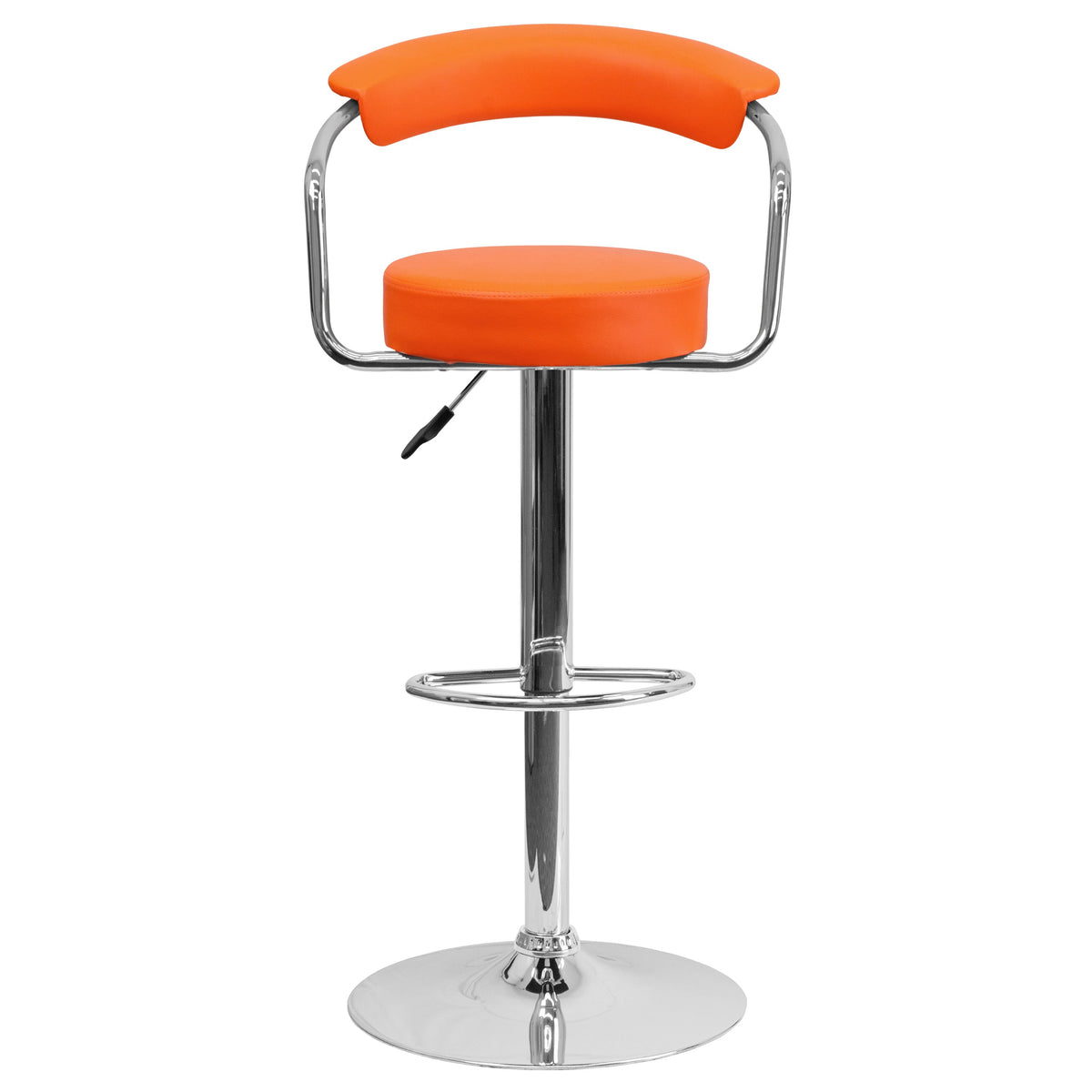 Orange |#| Contemporary Orange Vinyl Adjustable Height Barstool with Arms and Chrome Base