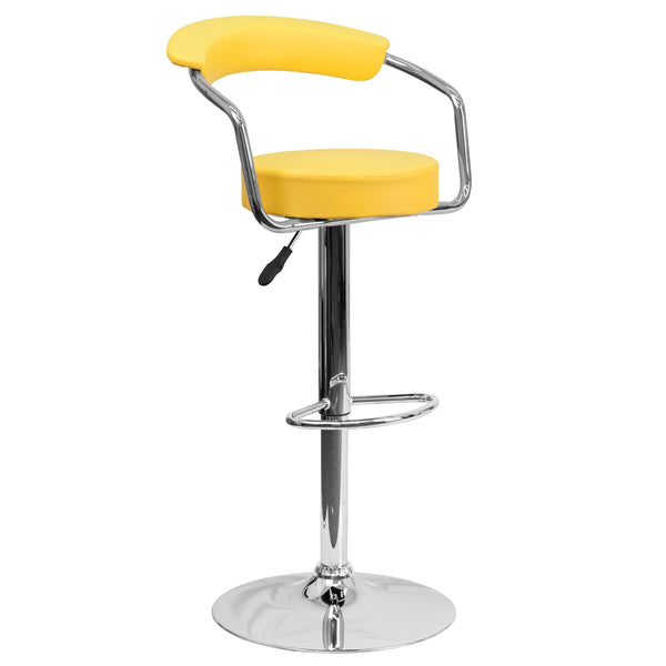 Yellow |#| Contemporary Yellow Vinyl Adjustable Height Barstool with Arms and Chrome Base