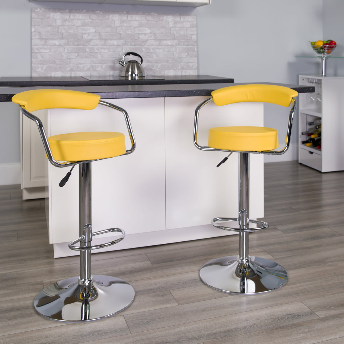 Yellow |#| Contemporary Yellow Vinyl Adjustable Height Barstool with Arms and Chrome Base