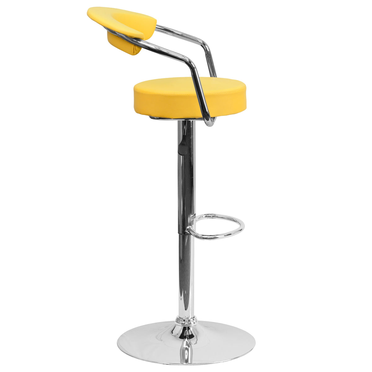 Yellow |#| Contemporary Yellow Vinyl Adjustable Height Barstool with Arms and Chrome Base