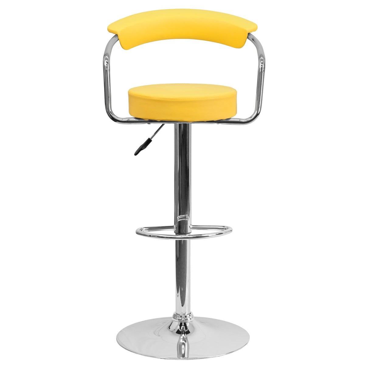 Yellow |#| Contemporary Yellow Vinyl Adjustable Height Barstool with Arms and Chrome Base