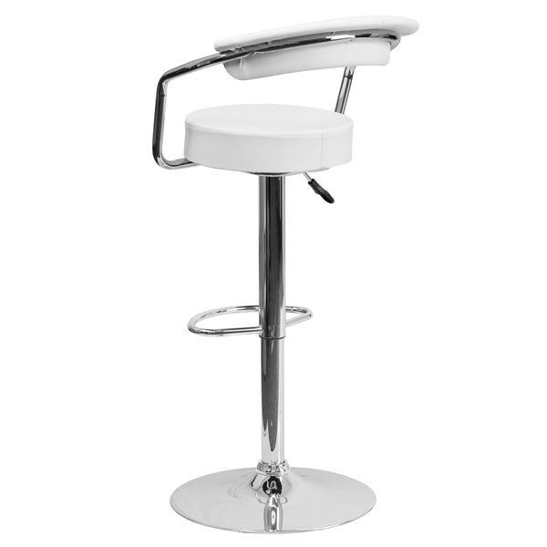 White |#| Contemporary White Vinyl Adjustable Height Barstool with Arms and Chrome Base