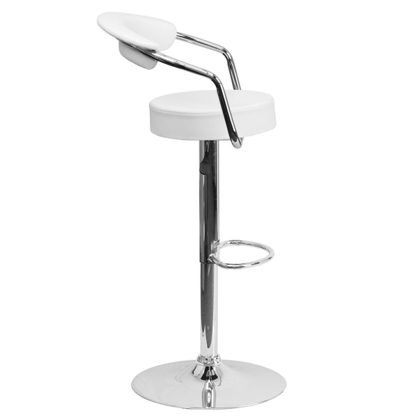 White |#| Contemporary White Vinyl Adjustable Height Barstool with Arms and Chrome Base