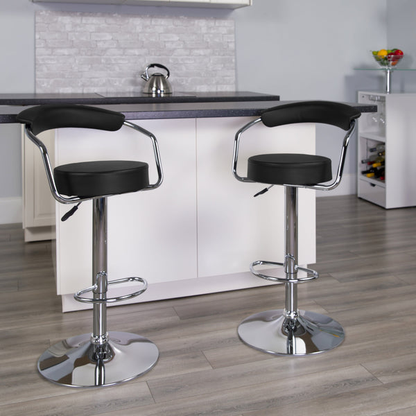 Black |#| Contemporary Black Vinyl Adjustable Height Barstool with Arms and Chrome Base