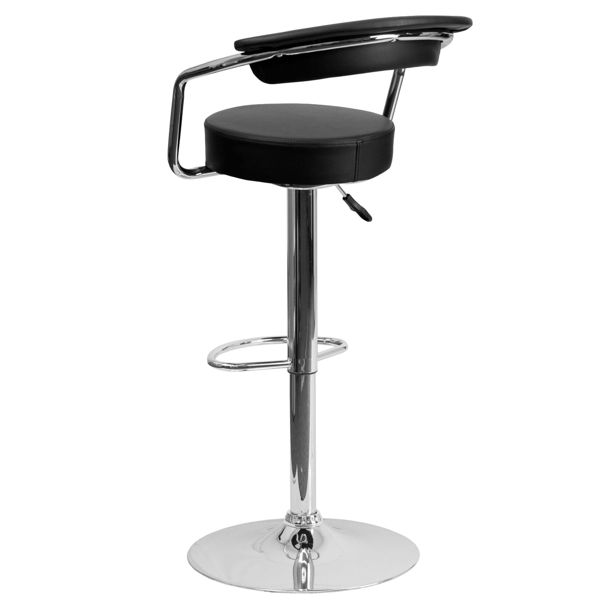 Black |#| Contemporary Black Vinyl Adjustable Height Barstool with Arms and Chrome Base