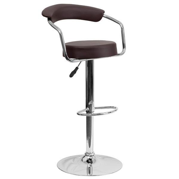 Brown |#| Contemporary Brown Vinyl Adjustable Height Barstool with Arms and Chrome Base