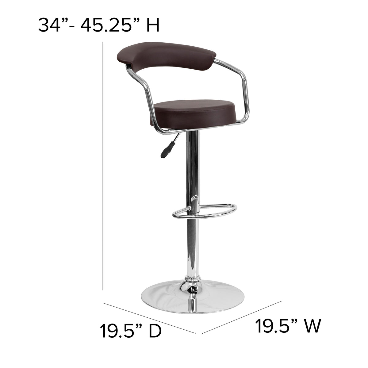 Brown |#| Contemporary Brown Vinyl Adjustable Height Barstool with Arms and Chrome Base