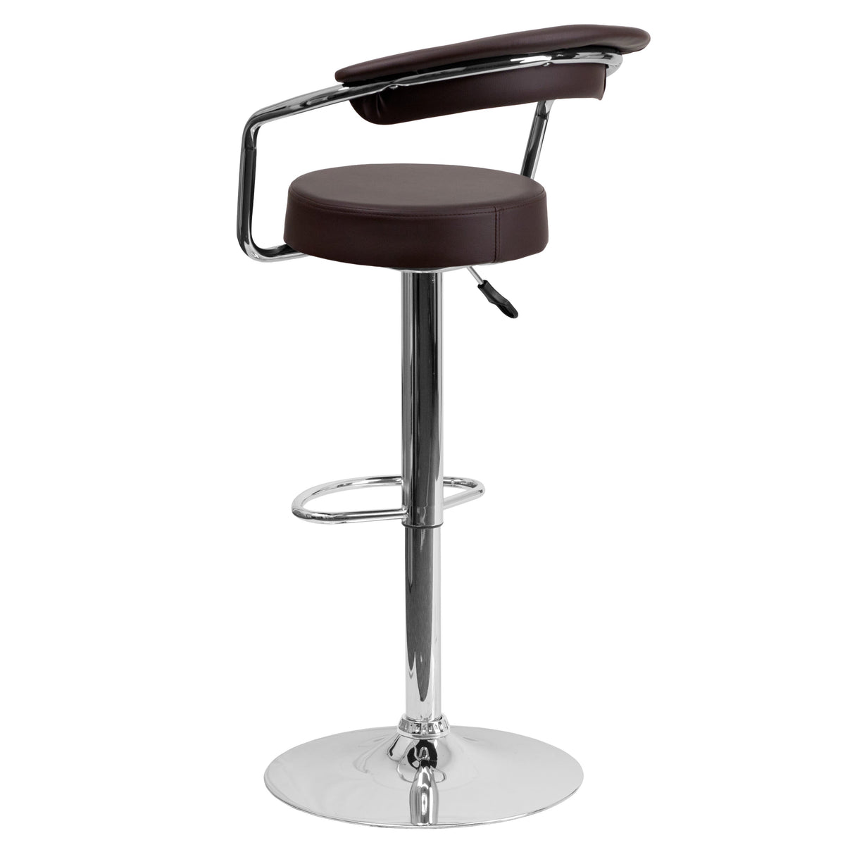 Brown |#| Contemporary Brown Vinyl Adjustable Height Barstool with Arms and Chrome Base