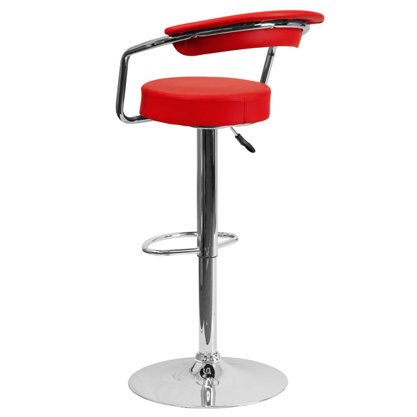 Red |#| Contemporary Red Vinyl Adjustable Height Barstool with Arms and Chrome Base