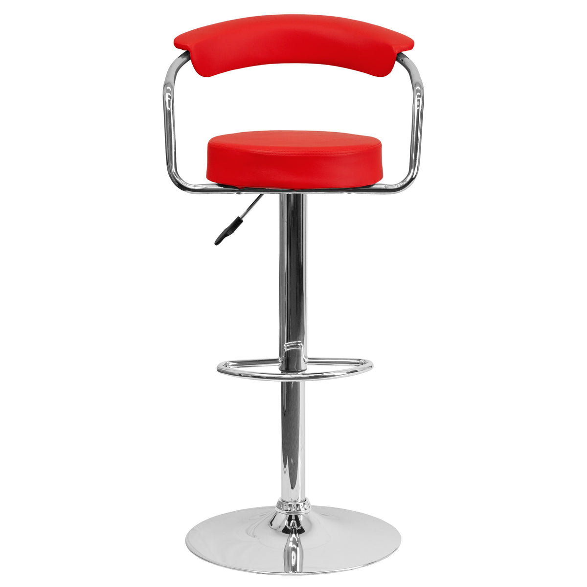 Red |#| Contemporary Red Vinyl Adjustable Height Barstool with Arms and Chrome Base