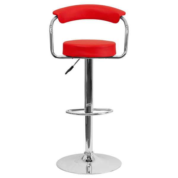 Orange |#| Contemporary Orange Vinyl Adjustable Height Barstool with Arms and Chrome Base