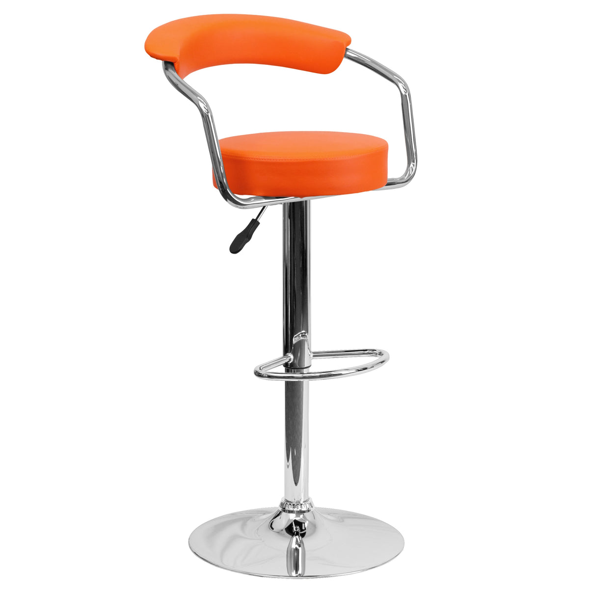 Orange |#| Contemporary Orange Vinyl Adjustable Height Barstool with Arms and Chrome Base