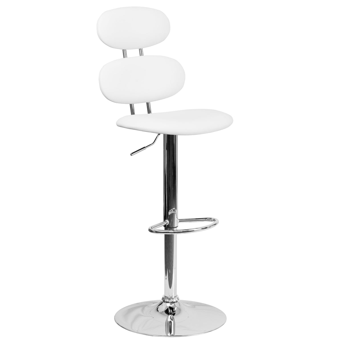 White |#| Contemporary White Vinyl Adjustable Barstool with Ellipse Back and Chrome Base
