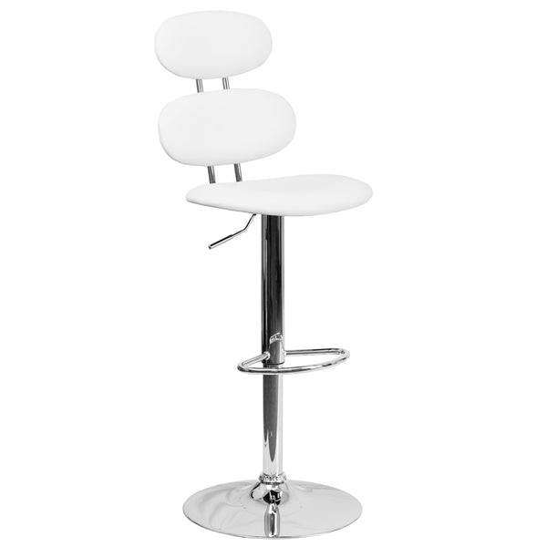 White |#| Contemporary White Vinyl Adjustable Barstool with Ellipse Back and Chrome Base