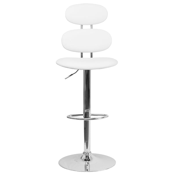 White |#| Contemporary White Vinyl Adjustable Barstool with Ellipse Back and Chrome Base