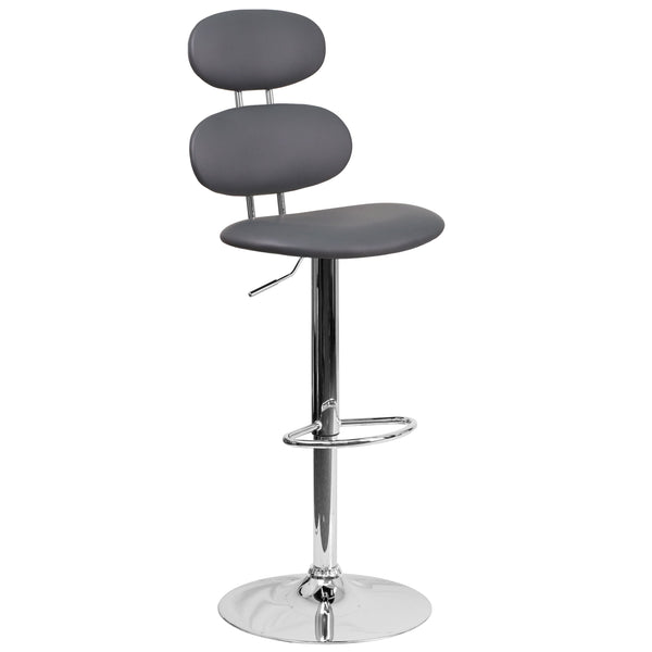 Gray |#| Contemporary Gray Vinyl Adjustable Barstool with Ellipse Back and Chrome Base
