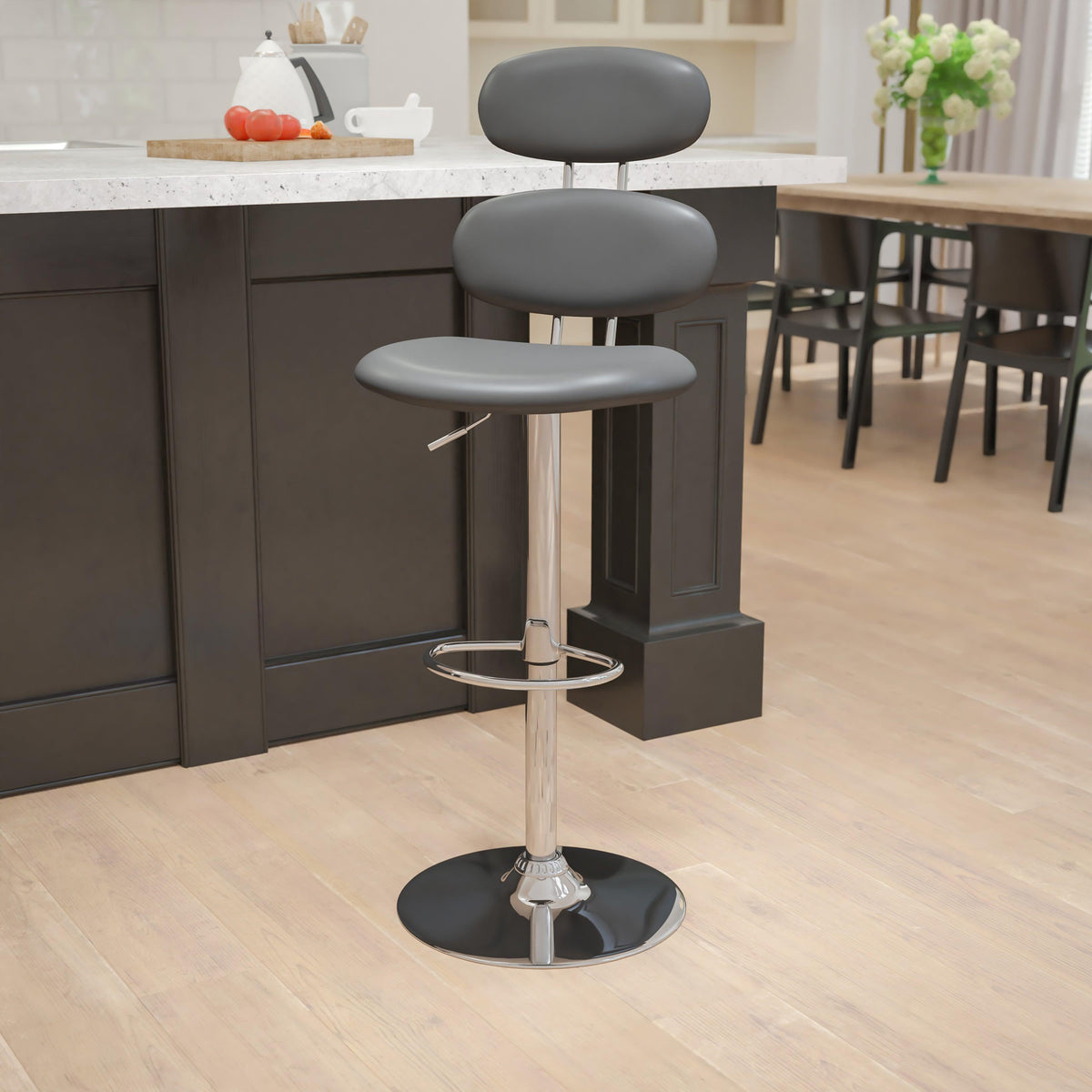 Gray |#| Contemporary Gray Vinyl Adjustable Barstool with Ellipse Back and Chrome Base