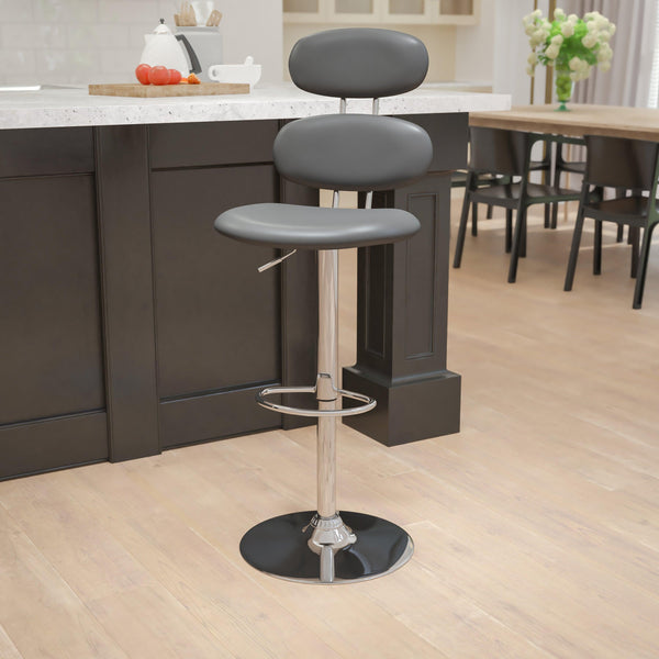 Gray |#| Contemporary Gray Vinyl Adjustable Barstool with Ellipse Back and Chrome Base