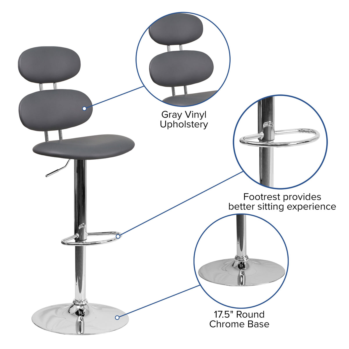 Gray |#| Contemporary Gray Vinyl Adjustable Barstool with Ellipse Back and Chrome Base