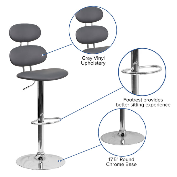 Gray |#| Contemporary Gray Vinyl Adjustable Barstool with Ellipse Back and Chrome Base