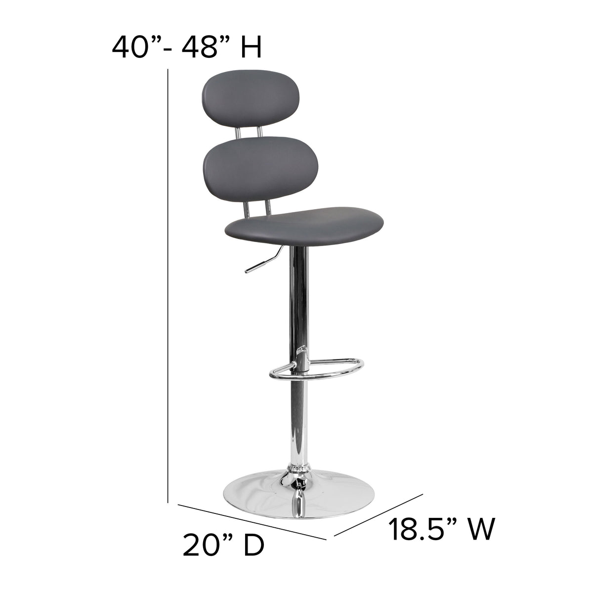 Gray |#| Contemporary Gray Vinyl Adjustable Barstool with Ellipse Back and Chrome Base