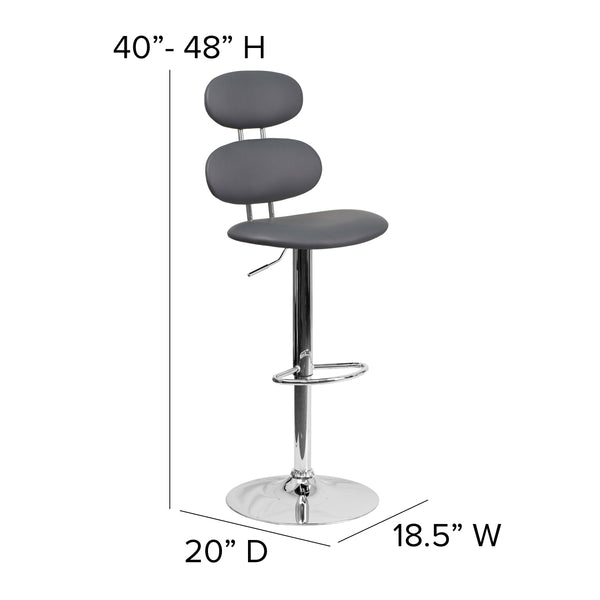 Gray |#| Contemporary Gray Vinyl Adjustable Barstool with Ellipse Back and Chrome Base