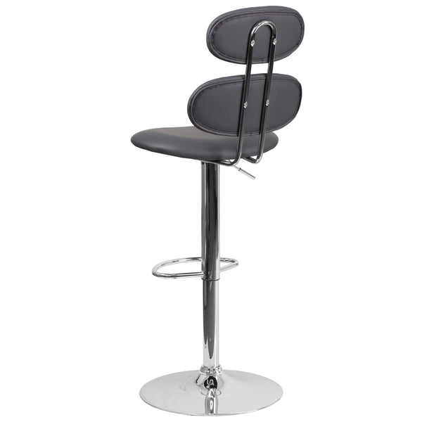 Gray |#| Contemporary Gray Vinyl Adjustable Barstool with Ellipse Back and Chrome Base