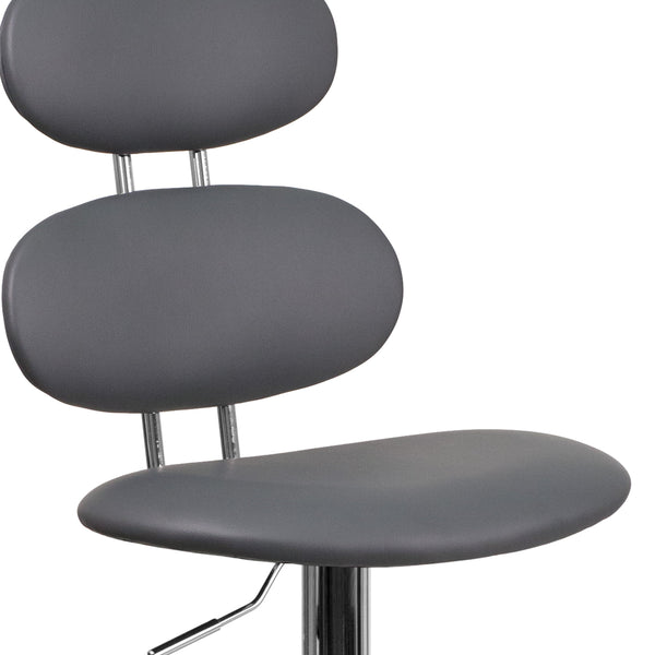 Gray |#| Contemporary Gray Vinyl Adjustable Barstool with Ellipse Back and Chrome Base