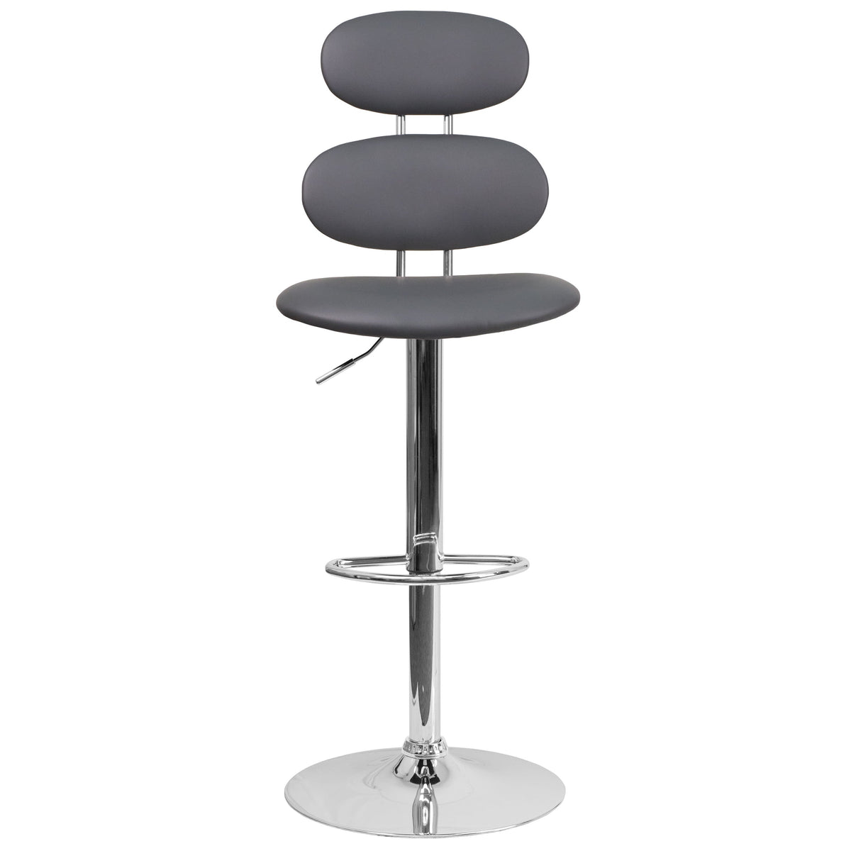 Gray |#| Contemporary Gray Vinyl Adjustable Barstool with Ellipse Back and Chrome Base