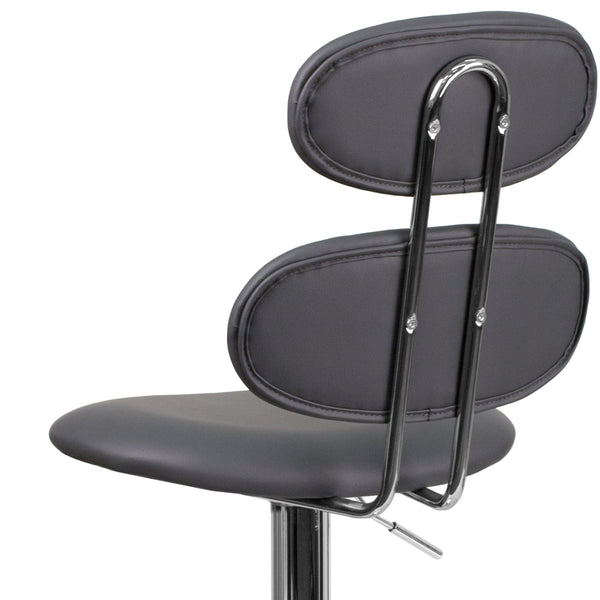 Gray |#| Contemporary Gray Vinyl Adjustable Barstool with Ellipse Back and Chrome Base