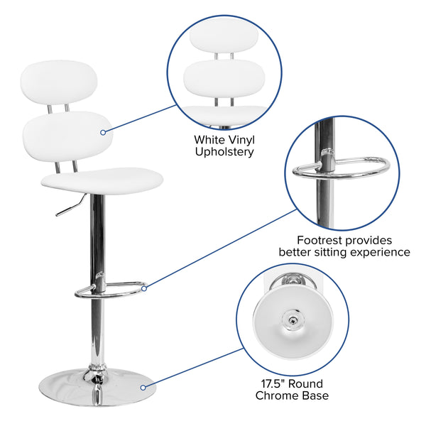 White |#| Contemporary White Vinyl Adjustable Barstool with Ellipse Back and Chrome Base