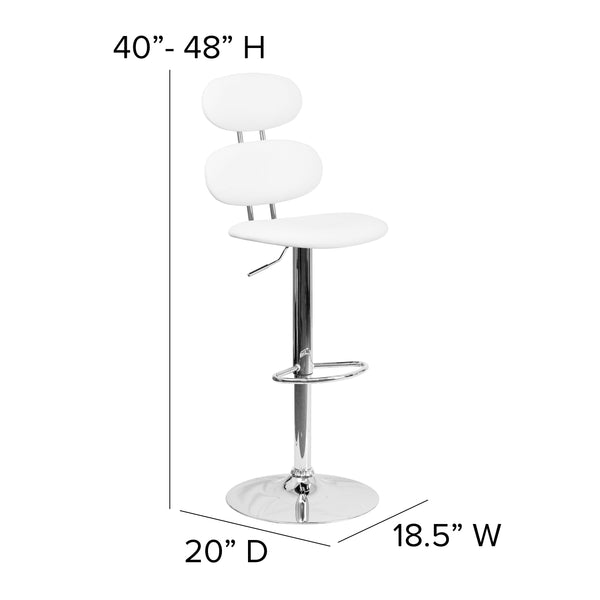 White |#| Contemporary White Vinyl Adjustable Barstool with Ellipse Back and Chrome Base