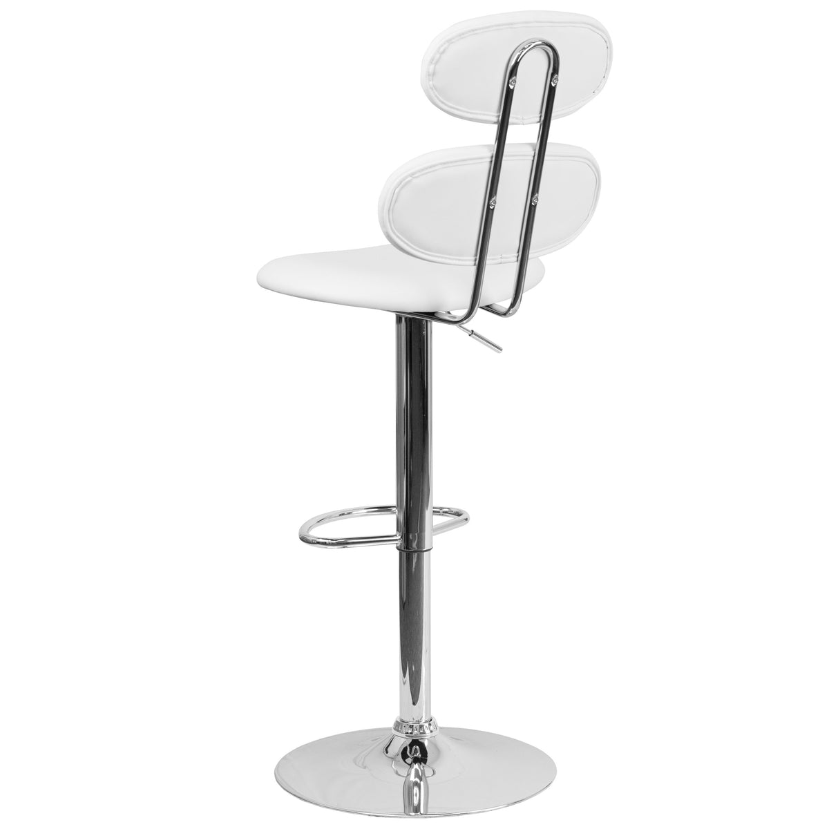 White |#| Contemporary White Vinyl Adjustable Barstool with Ellipse Back and Chrome Base