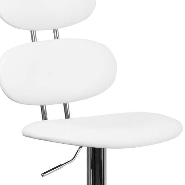 White |#| Contemporary White Vinyl Adjustable Barstool with Ellipse Back and Chrome Base