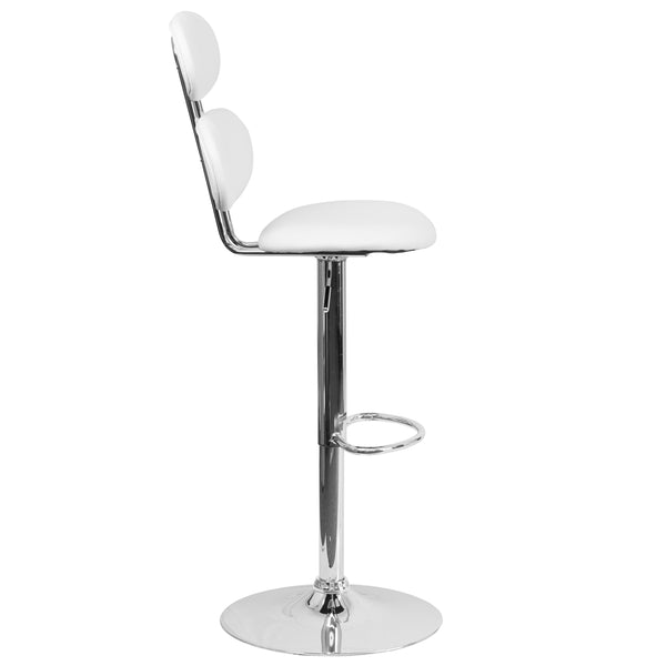 White |#| Contemporary White Vinyl Adjustable Barstool with Ellipse Back and Chrome Base